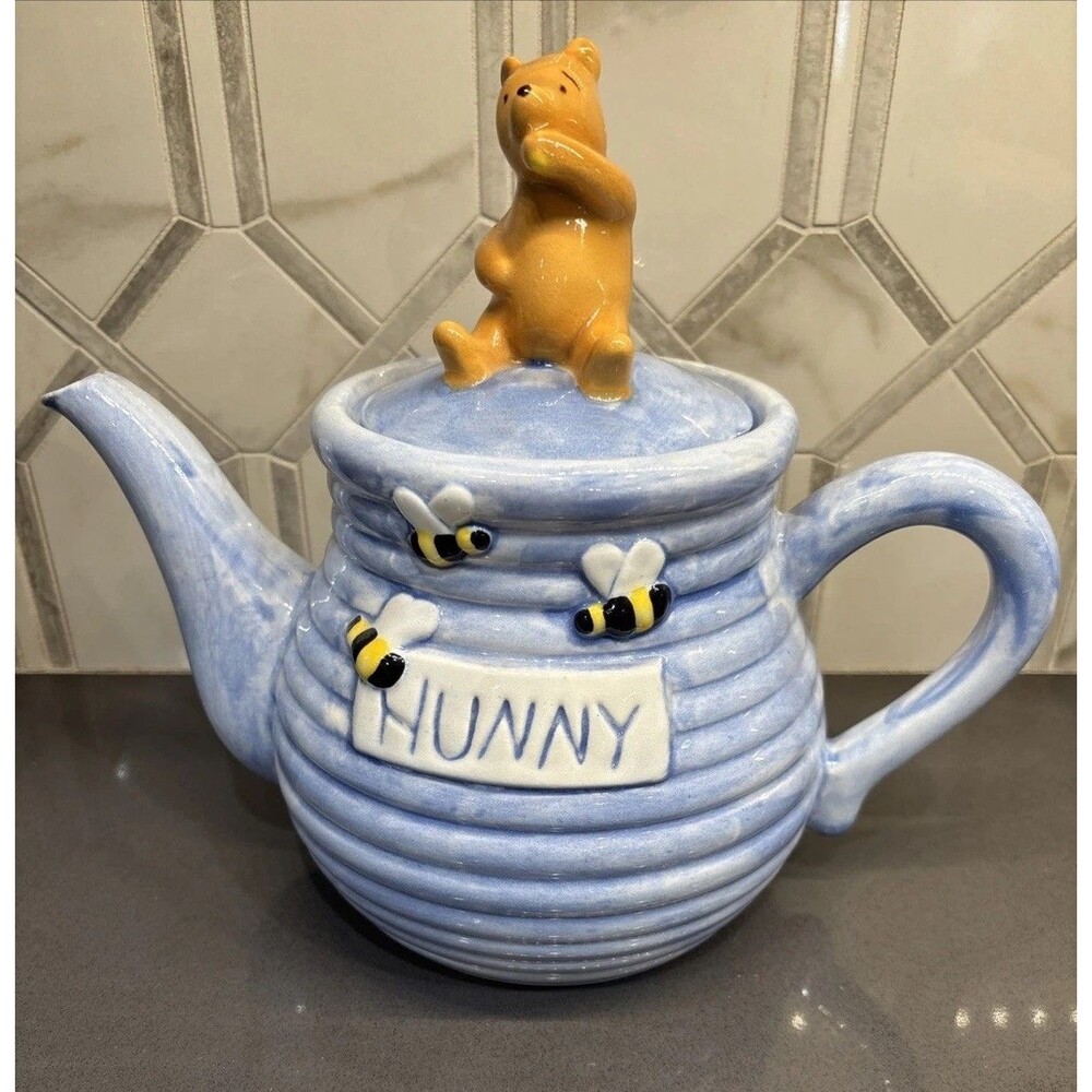 Vintage Disney Blue Treasure Craft Winnie the Pooh "Hunny" Teapot EUC